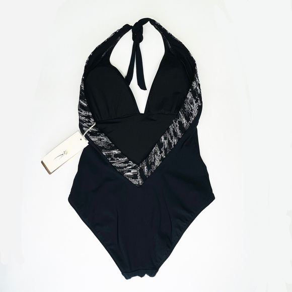 Gottex Classic Danseuse Black & Silver V-Neck Halter One Piece Swimsuit New NWT - Picture 4 of 10
